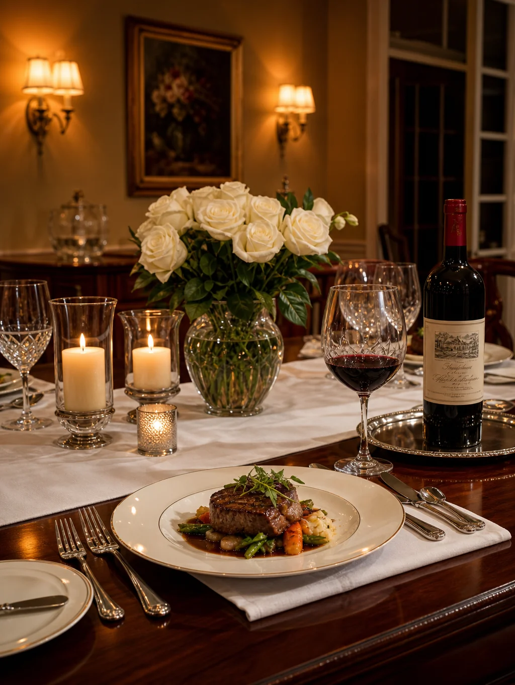 Elegantly arranged holiday dinner table setting with hand-poured bayberry candles and linen napkins
