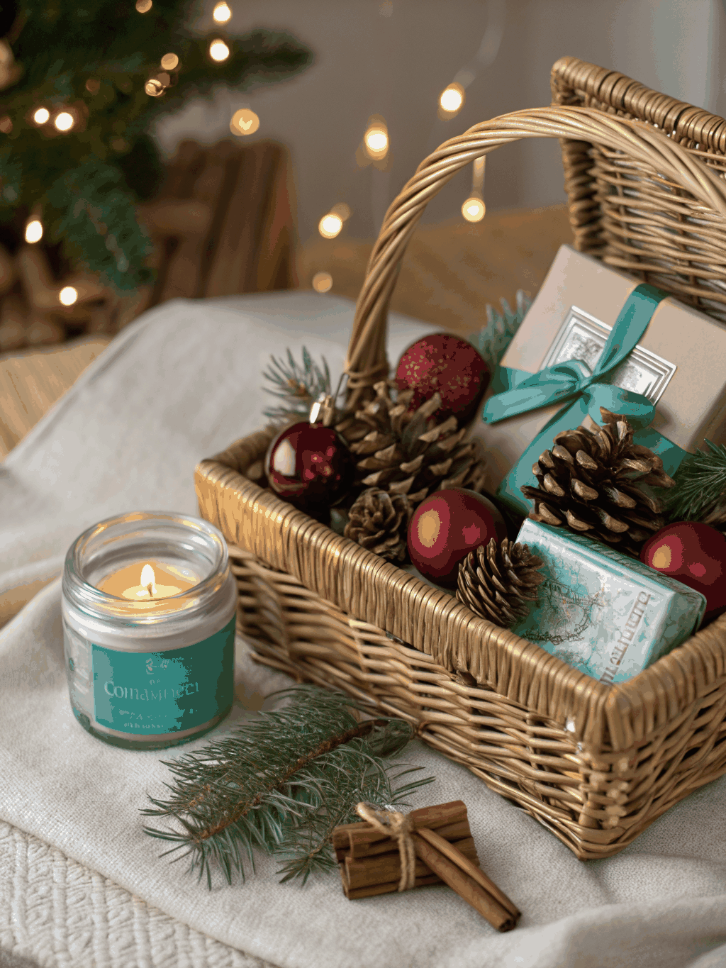 Artisan wooden puzzles, spiced cider tins, and botanical ornaments nestled beside a wool stocking