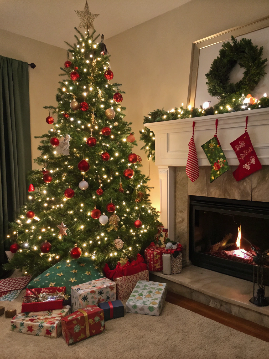 Festive holiday stockings and gift parcels by the fireplace