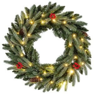 24-Inch Pre-Lit Christmas Wreath with Pine Cones & Red Berries